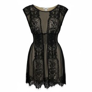 Pinky Black Lace Overlay Cap Sleeve Smocked Waist Mini Dress Whimsygoth M